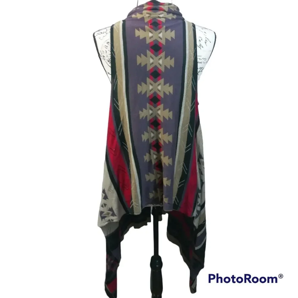 Como Vintage Open Front Longline Tribal Print Coverup Vest Cardigan M